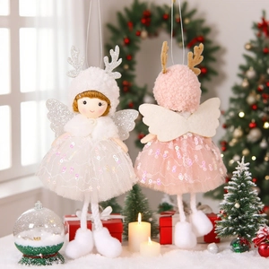 Cute plush Christmas angel ornaments with sequin dresses and reindeer antlers for tree decor