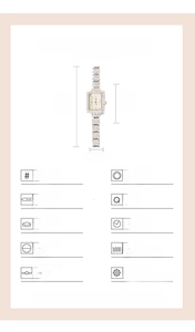Detailed specs of square starry dial watch with rhinestone case and steel band