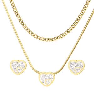 Set collana doppia a cuore dorata e orecchini a lobo con strass scintillanti