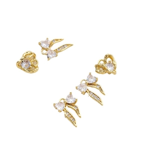 14K gold plated heart and bow pendants with micro-pave cubic zirconia for DIY jewelry