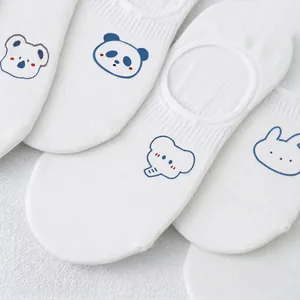 White low cut invisible socks with cute cartoon animal embroidery and ribbed cuffs