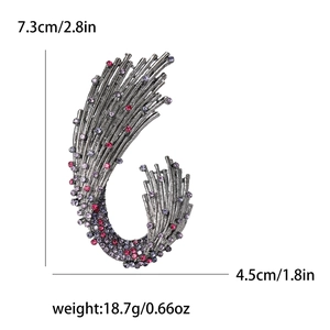 Silver wave brooch with purple and pink rhinestones, size 7.3cm by 4.5cm on white background