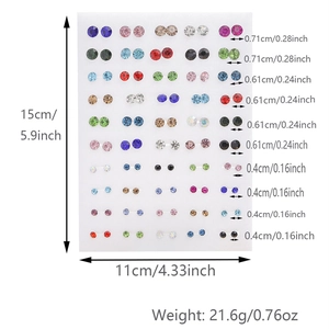 50 pairs of colorful rhinestone stud earrings set in various sizes with dimensions and weight