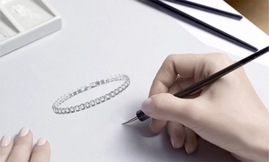 Macro view of hip hop tennis bracelet with round cut zircon stones on artist drafting paper