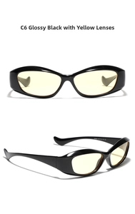 Detailed views of shiny black oval sunglasses with translucent yellow lenses and CE mark