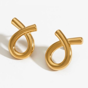 Polished gold stainless steel twisted knot earrings shown on a clean white background