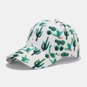 Close-up of tropical cactus pattern printing on a breathable white cotton baseball cap
