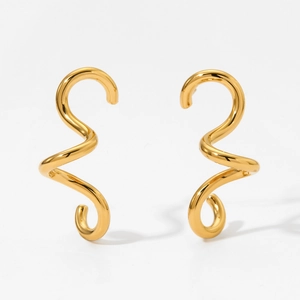 Polished gold-plated stainless steel spiral S-shape earrings on a white background