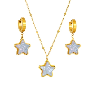 Elegant gold star pendant necklace and earrings set with iridescent pearl inlay