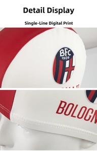 Macro shot of sports cap stitching and Bologna F.C. digital printing details