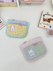 Quilted cotton card holder and coin purse with sweet plaid patterns and clear card slot