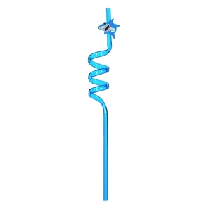 Blue spiral plastic drinking straw with a cute cartoon shark topper for kids parties