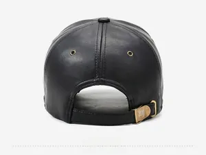 Rear view of black leather baseball cap with adjustable strap and vintage metal buckle