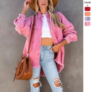 Women Oversized Distressed Denim Jacket Frayed Edge Long Sleeve Button Down Shirt Outerwear Casual Streetwear