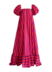 Detail of vibrant puff sleeves and orange striped fabric on a vacation maxi dress