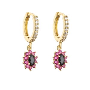 18K gold earrings with black oval stone and pink crystals on white background