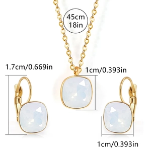 Gold plated stainless steel jewelry set with square white zircon necklace and earrings