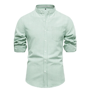 Slim fit men's striped cotton linen shirt with stand collar and long sleeves in light green