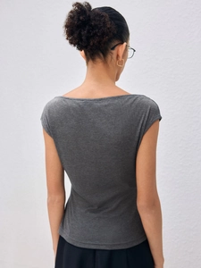 Slim fit dark grey women's short sleeve T-shirt with textured knit back view detail