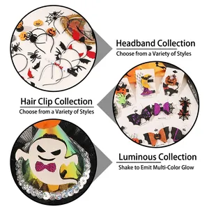 Halloween skull hair clip and headband set with LED light pumpkin and bat motifs