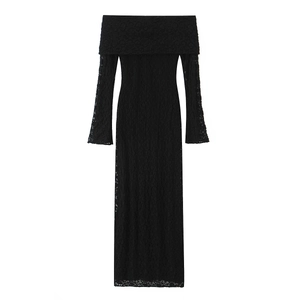 Robe Maxi Longue En Dentelle À Épaules Dénudées Manches Longues Moulante Couleur Unie Pour Femmes