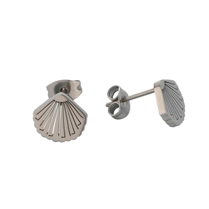 Detail showing stainless steel shell-shaped earrings with striped texture and metal backings