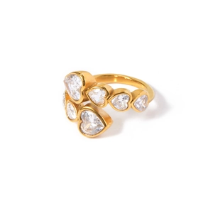 Bague ouverte en acier inoxydable doré 18 carats avec zircons en forme de cœur