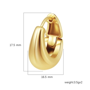 Polished 18k gold plated U-shaped huggie earrings measuring 17.5mm by 16.5mm