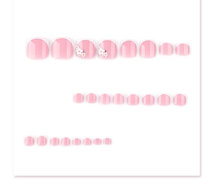 Detail of pink French toenails with 3D white flower accents and delicate rhinestones