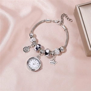 Women's beaded bracelet quartz watch with silver snake chain and crown charm