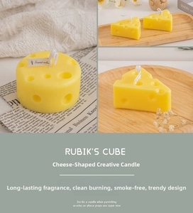 Macro detail of cheese-shaped scented candles with realistic texture and Scented label
