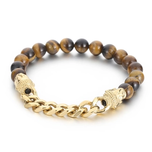 Tiger eye stone bead bracelet with gold metal chain and Buddha head charms