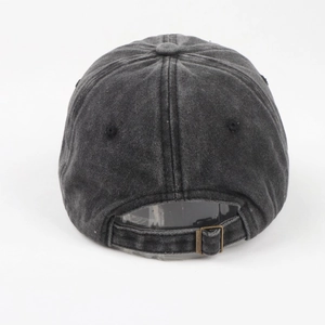 Retro washed charcoal grey cotton baseball cap with adjustable metal buckle and embroidery