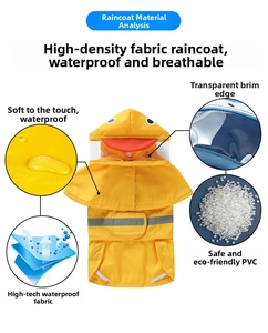 Detail view of yellow duck pet raincoat with transparent PVC brim and reflective belly strap
