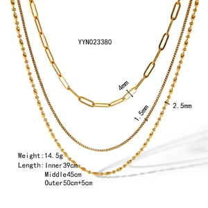 Three-layer gold stainless steel necklace featuring paperclip, box and bead chain styles