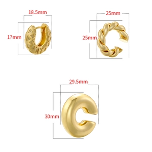 Detailed size guide for gold-plated twisted ear cuffs and textured earrings