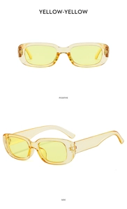 Front and side view of trendy yellow rectangle frame sunglasses with matching yellow lenses