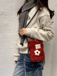 Red felt crossbody bag with 3D plush flower and braided rope strap for causal style