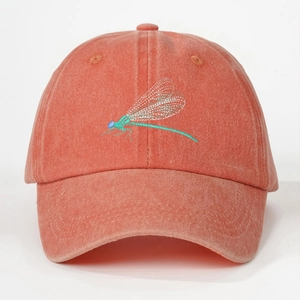Unisex washed red baseball cap with green dragonfly embroidery and vintage style