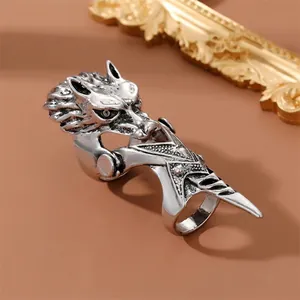 Vintage gothic wolf head full finger ring in retro silver punk style for men