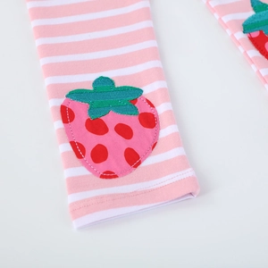 Pink striped cotton leggings for girls featuring cute strawberry embroidered detail