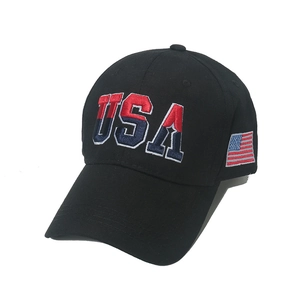 Black cotton baseball cap with USA embroidery and American flag side patch