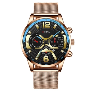 Men's fashion watch with rose gold mesh strap, black dial and blue tachymeter bezel
