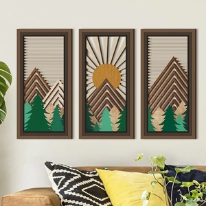 3-piece wooden hollow wall art set featuring 3D forest mountains for home decor