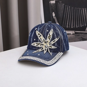 Denim Baseball Cap For Women With Rhinestone Faux Artificial Pearl Leaf Patch Leopard Print Adjustable Cotton Sun Protection Hat