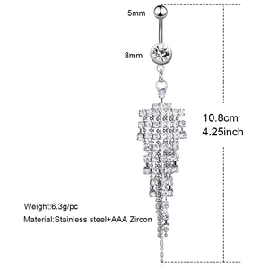 Long butterfly stainless steel belly ring with AAA zircon tassel and dimension details