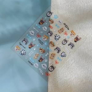 5D embossed nail art stickers featuring cute cartoon dogs and embroidery style heart patterns