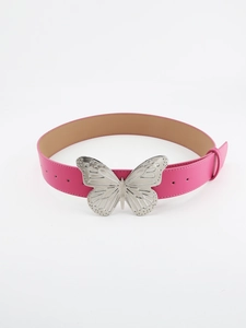 Pink faux leather belt featuring a large silver metallic butterfly buckle on white background