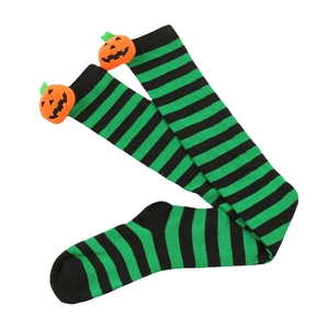 Halloween over-the-knee socks with black and green stripes and 3D pumpkin decor