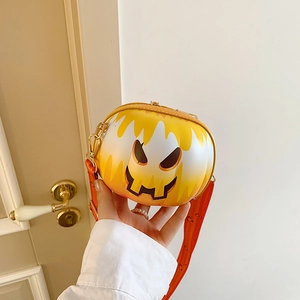 Close-up of Halloween pumpkin-shaped PU leather crossbody bag with smiling face pattern